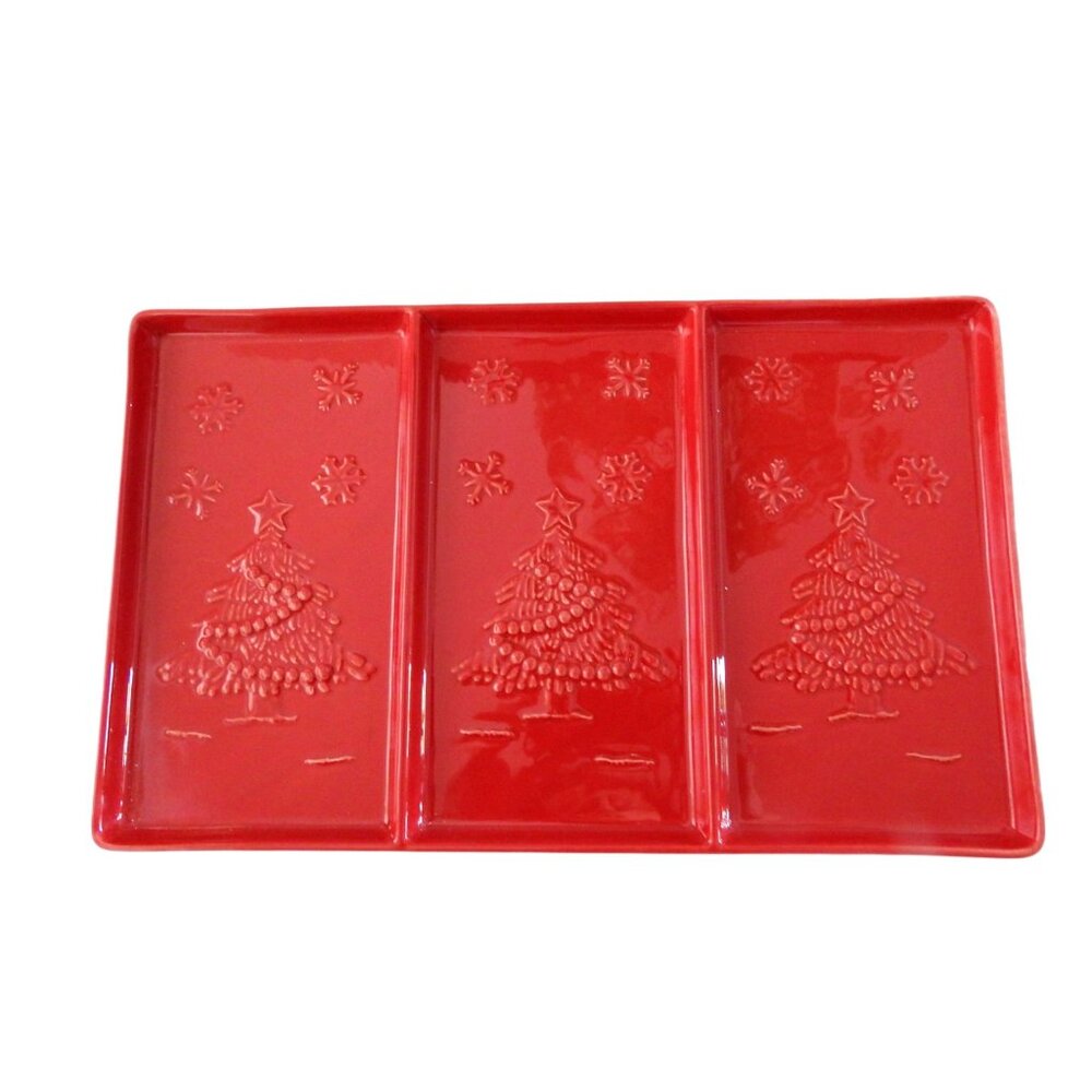 Sur La Table Red Ceramic 3 Section Divided Tray Lidded Bowl Christmas Tree